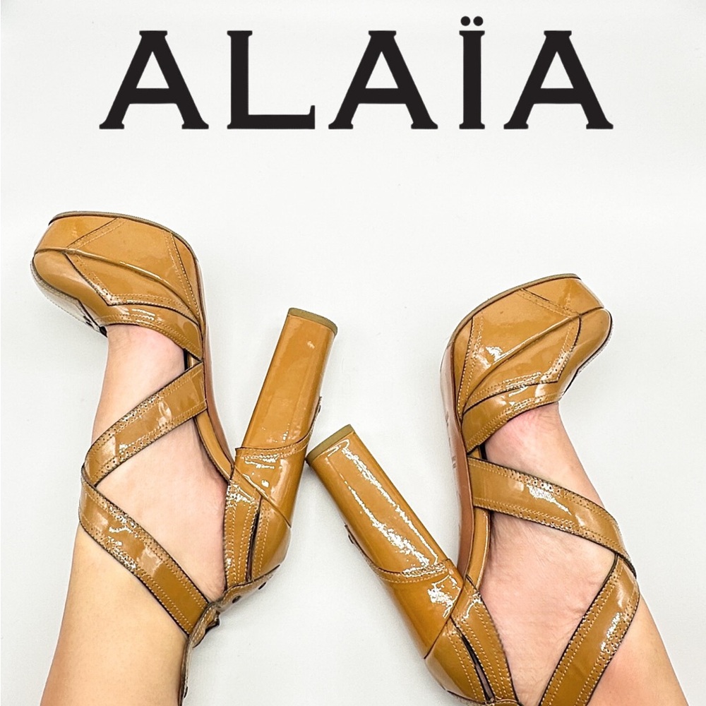 Aläia Tan Brown Patent Leather Criss Cross Platform Heels size 37